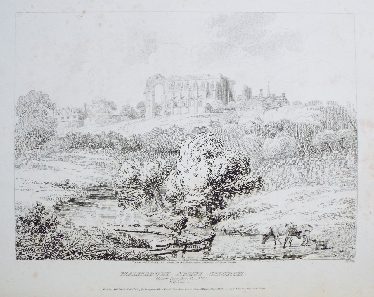 Print - Malmsbury Abbey Church. distant View from the N.W. Wiltshire. - Smith