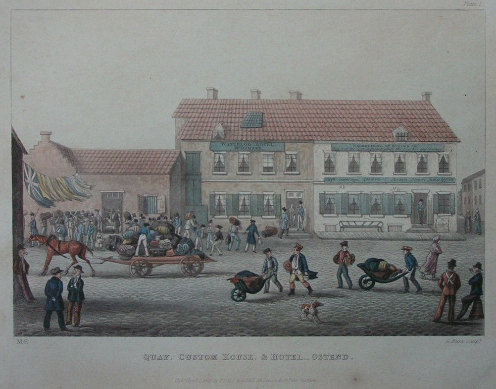 Aquatint - Quay, Custom House & Hotel - Ostend - Hunt