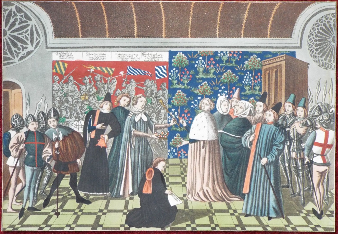 Aquatint - King Richard II surrendering his crown in 1399, forced to abdicate by his cousin, the future Henry IV. 