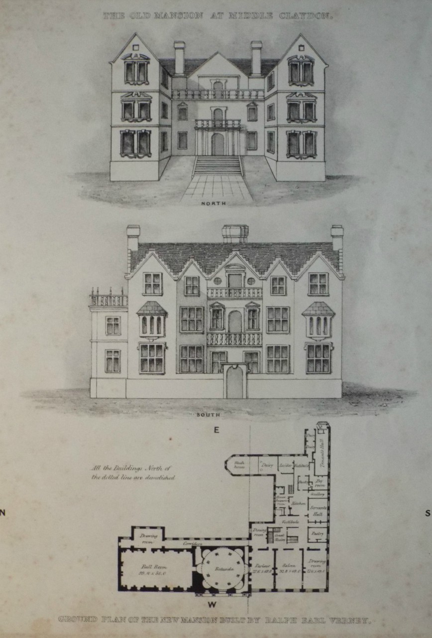 Lithograph - The Old Mansion at Middle Claydon. Ground Plan of the New Mansion Built by Ralph Earl Verney.