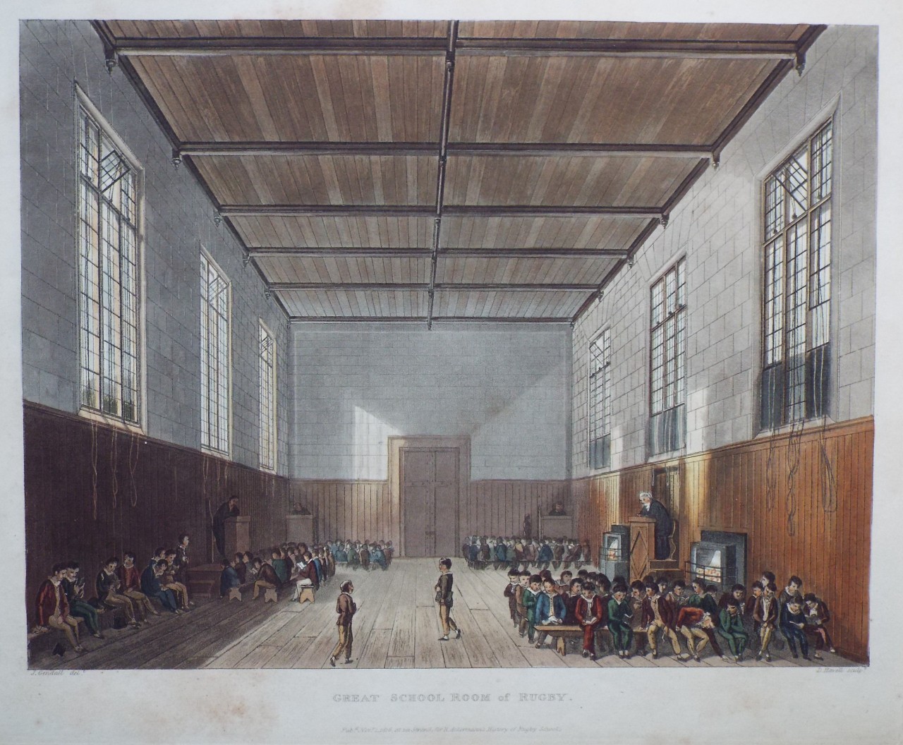 Aquatint - Great School Room of Rugby. - Havell