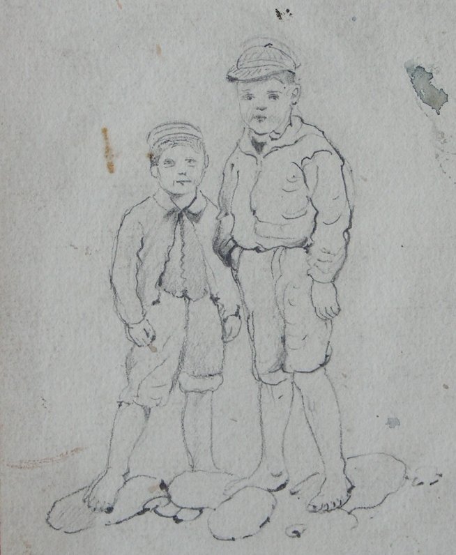 Pencil sketch - (Two boys standing on a Beach)