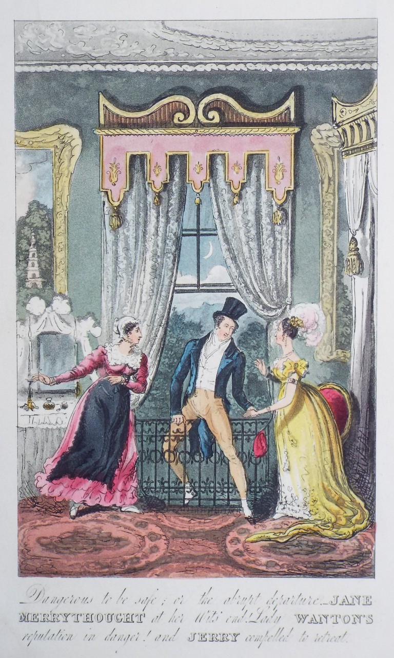 Aquatint - Dangerous to be safe; or the abrupt departure.  - Jane Merrymouth at her Wit's end! Lady Wanton's reputation in danger! and Jerry compelled to retreat. - Cruikshank