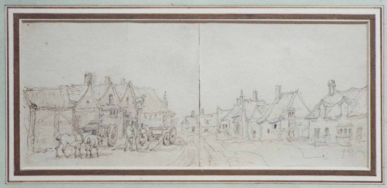 Pencil & wash - (Village street with coaches)