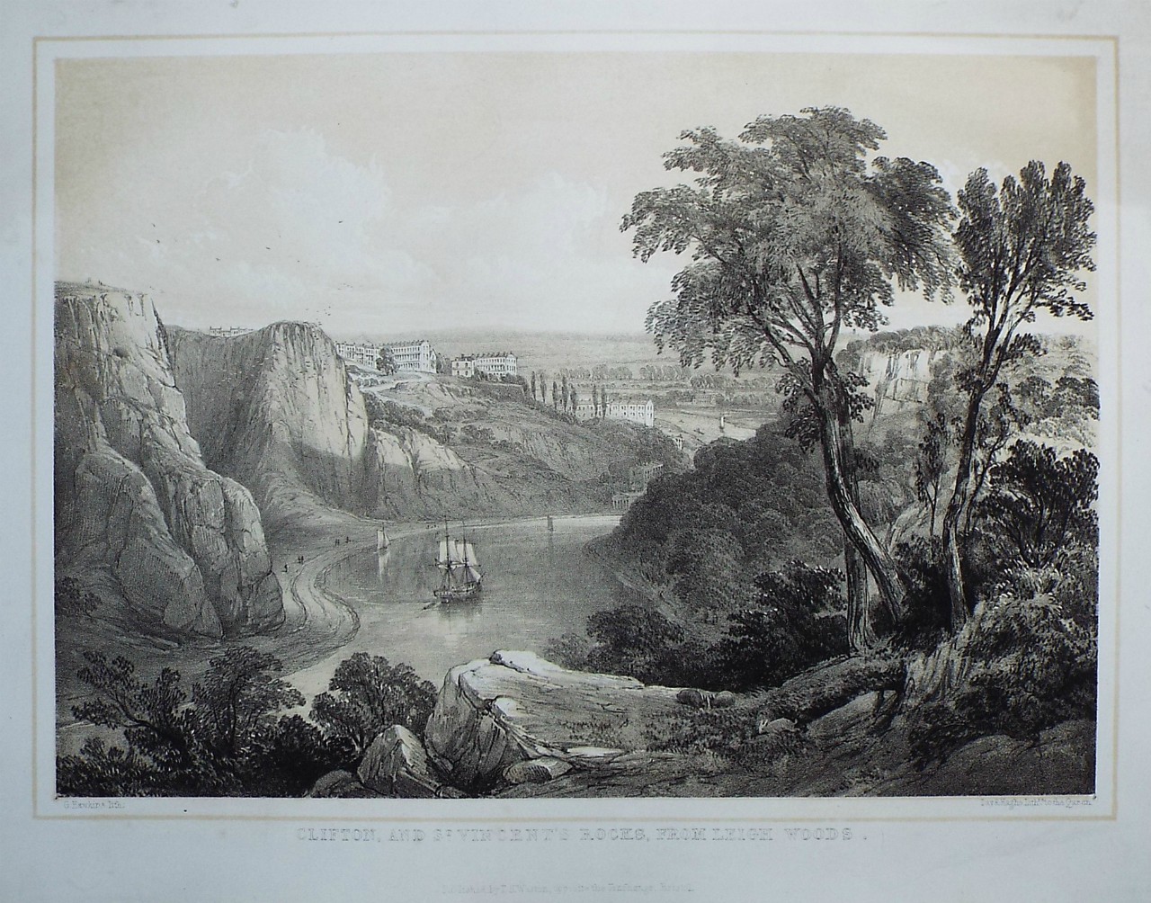 Lithograph - Clifton, and St. Vincent's Rocks, from Leigh Woods. - Hawkins