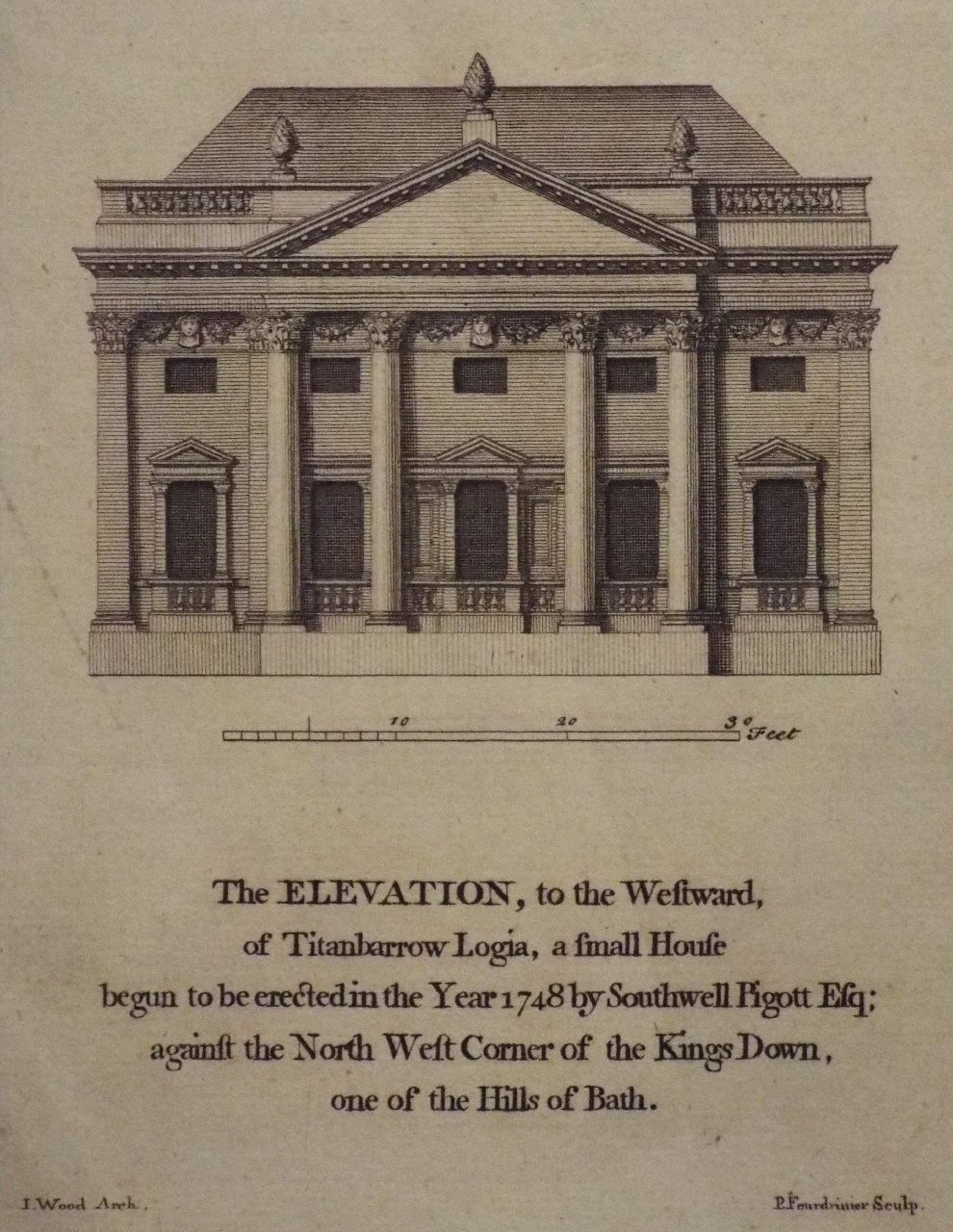 Print - Elevation, to the Westward, of Titanbarrow Logia, a small House begun to be erected in the Year 1748 by Southwell Pigott Esq: against the North West Corner of the Kings Down, one of the Hills of Bath. - Fourdrinier