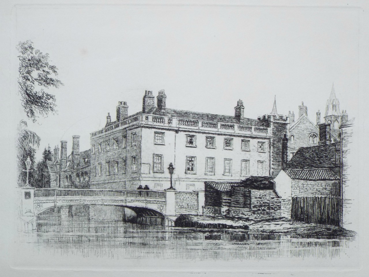 Etching - Queens' College and Small Bridge, from the River - Farren
