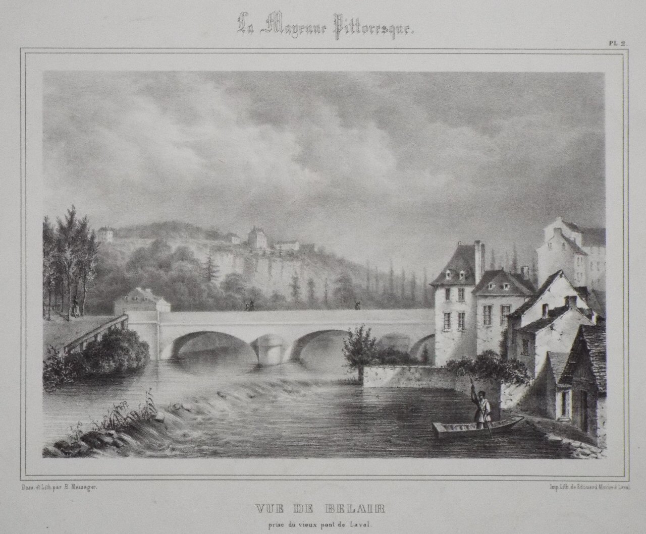 Lithograph - Vue de Belair prise du vieux pont de Laval. - Messager