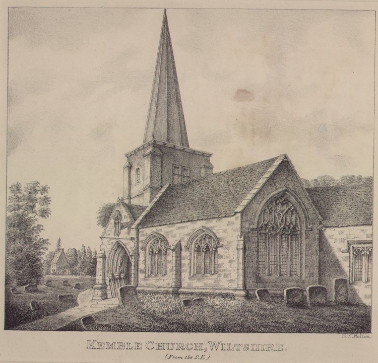 Lithograph - Kemble Church, Wiltshire (From the S.E.) - Relton
