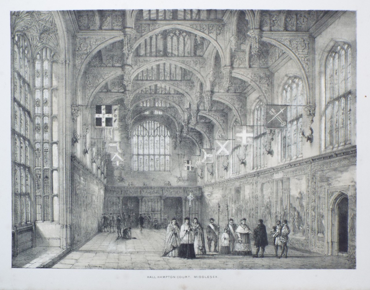 Lithograph - Hall, Hampton Court, Middlesex. - Nash