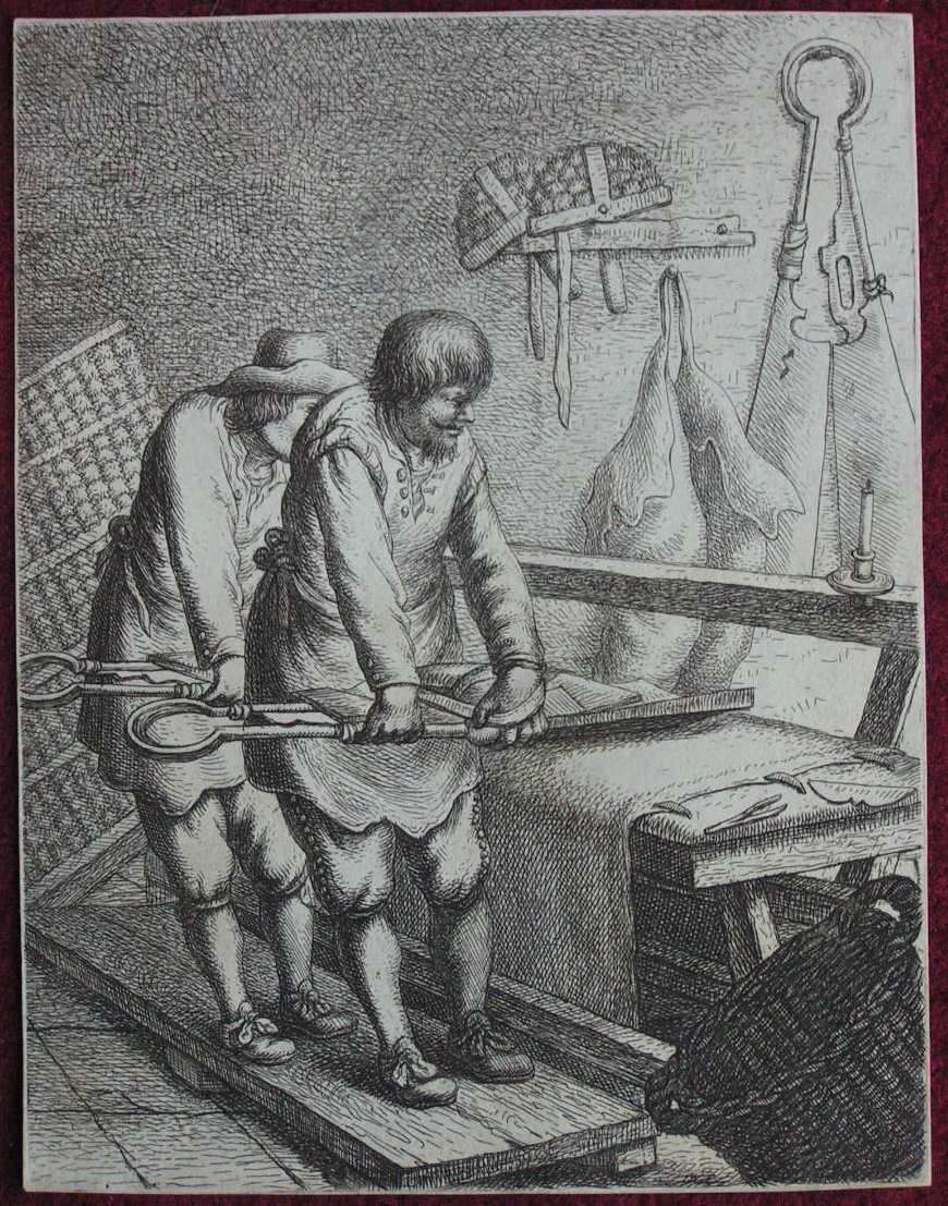 Etching - (Scene in leather maker's workshop - cutting with shears)