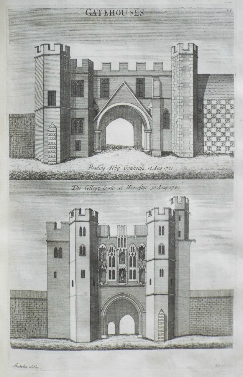 Print - Gatehouses. Reading Abby Gatehouse. 14 Aug 1721. The College Gate at Worcester: 30 Aug 1721 - Harris