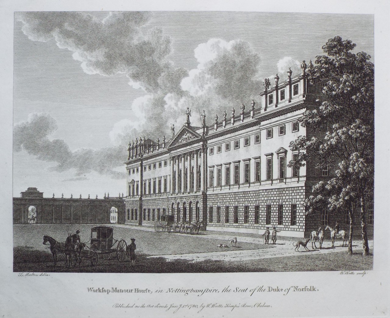 Print - Worksop Manour House, in Nottinghamshire, the Seat of the Duke of Norfolk. - Watts