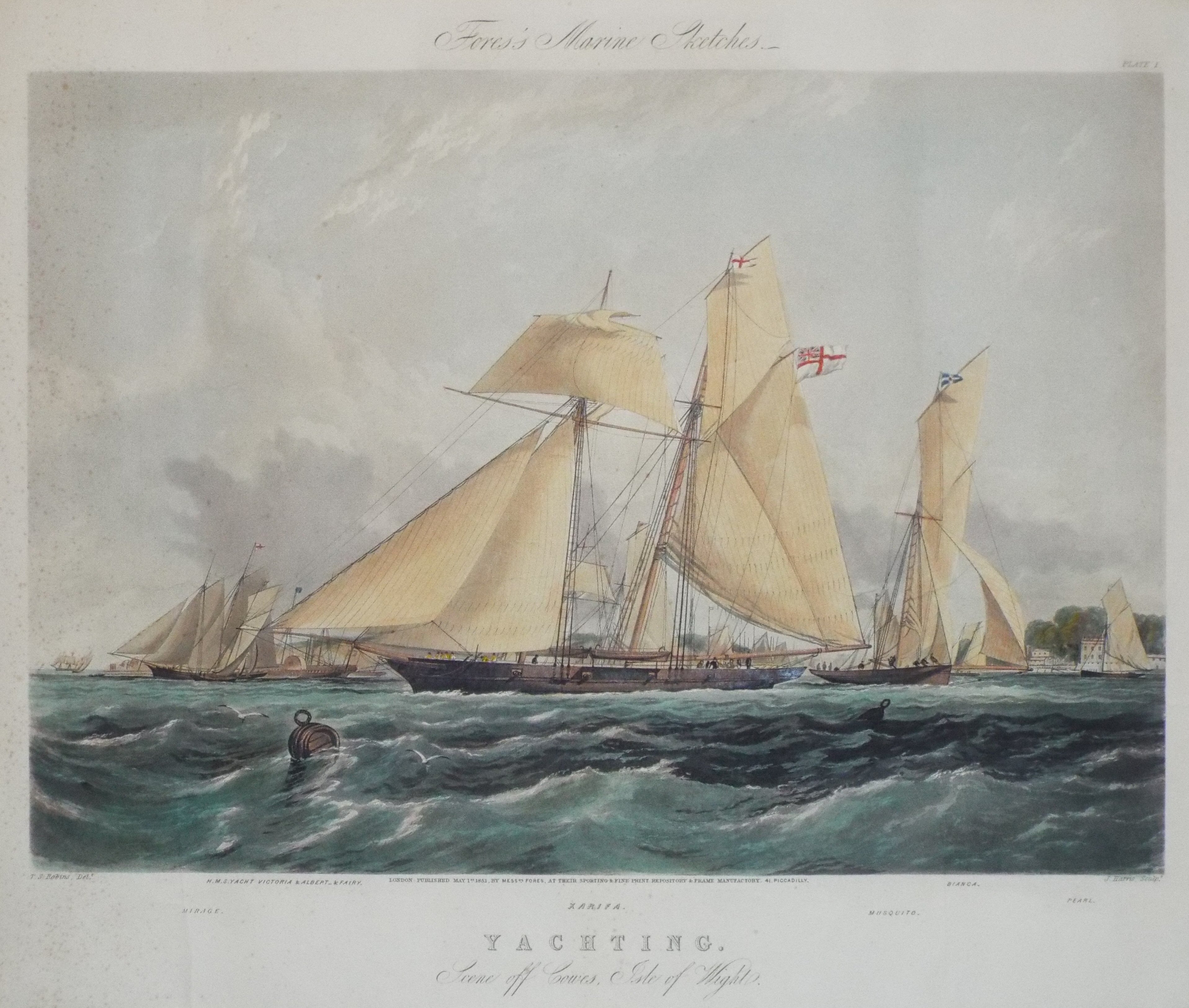 Aquatint - Fores's Marine Sketches. Xarifa. Yachting. Scene off Cowes, Isle of Wight. - Harris