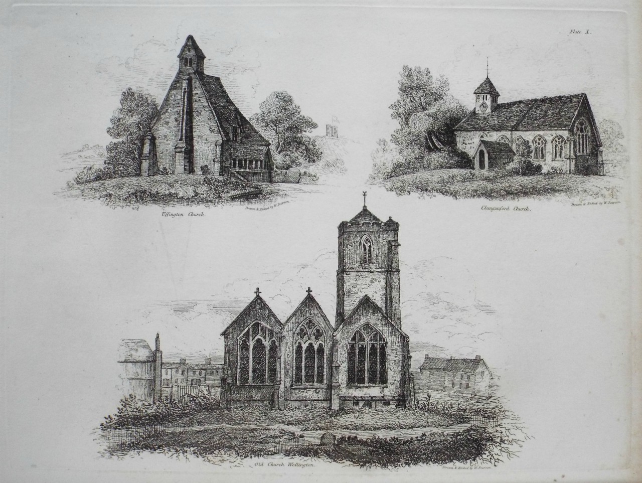 Etching - Uffington Church.
Clungunford Church.
Old Church Wellington. - Pearson