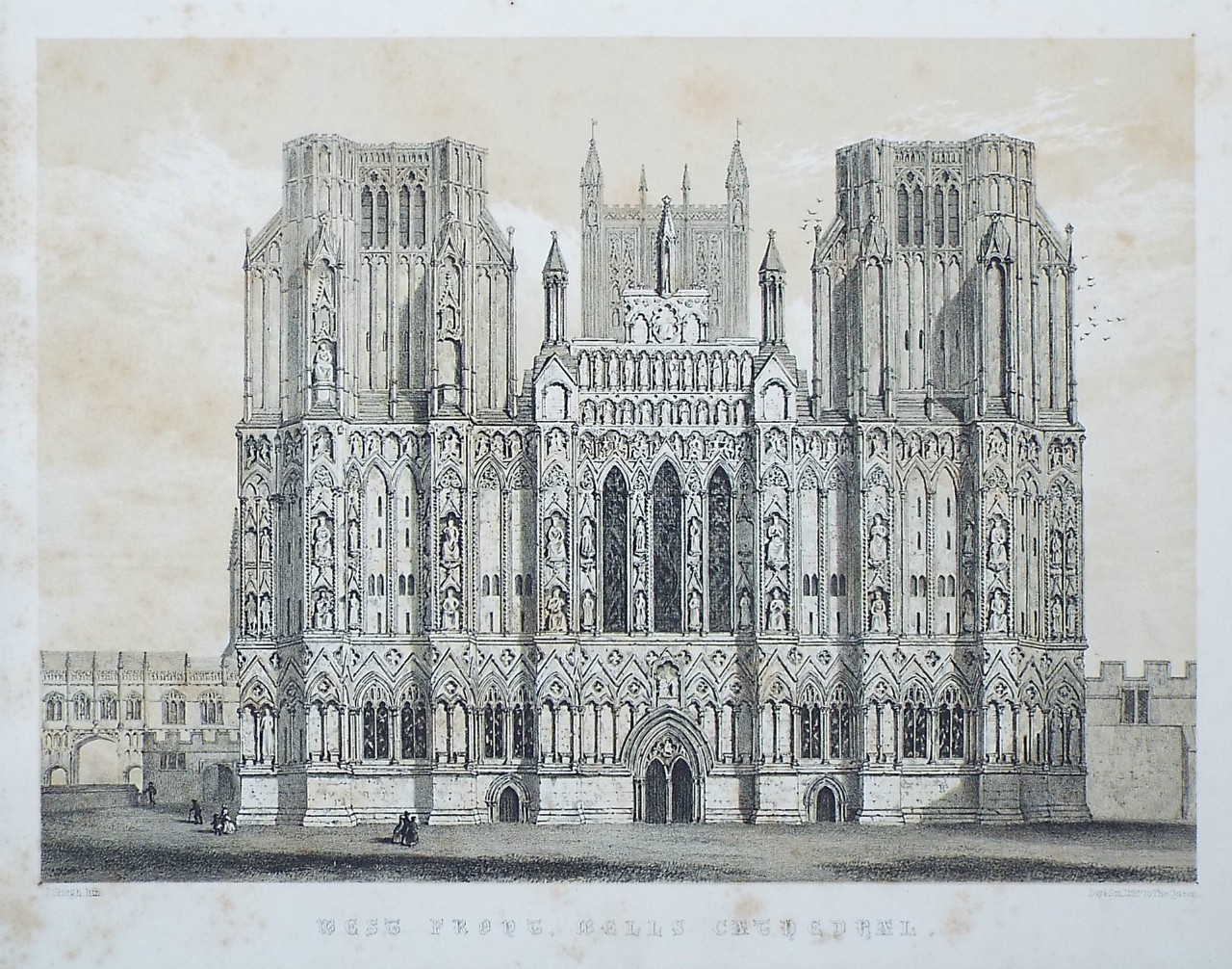 Lithograph - West Front, Wells Cathedral. - Rowe