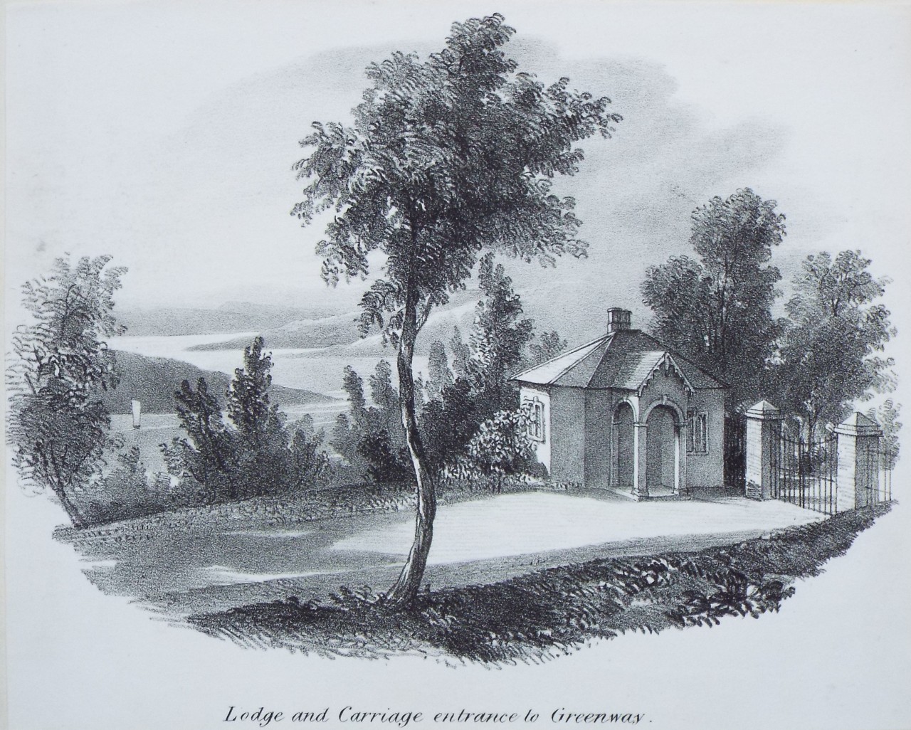 Lithograph - Lodge and Carriage entrance to Greenway.