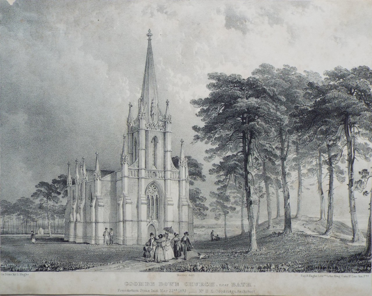 Lithograph - Coombe Down Church, near Bath. - Haghe