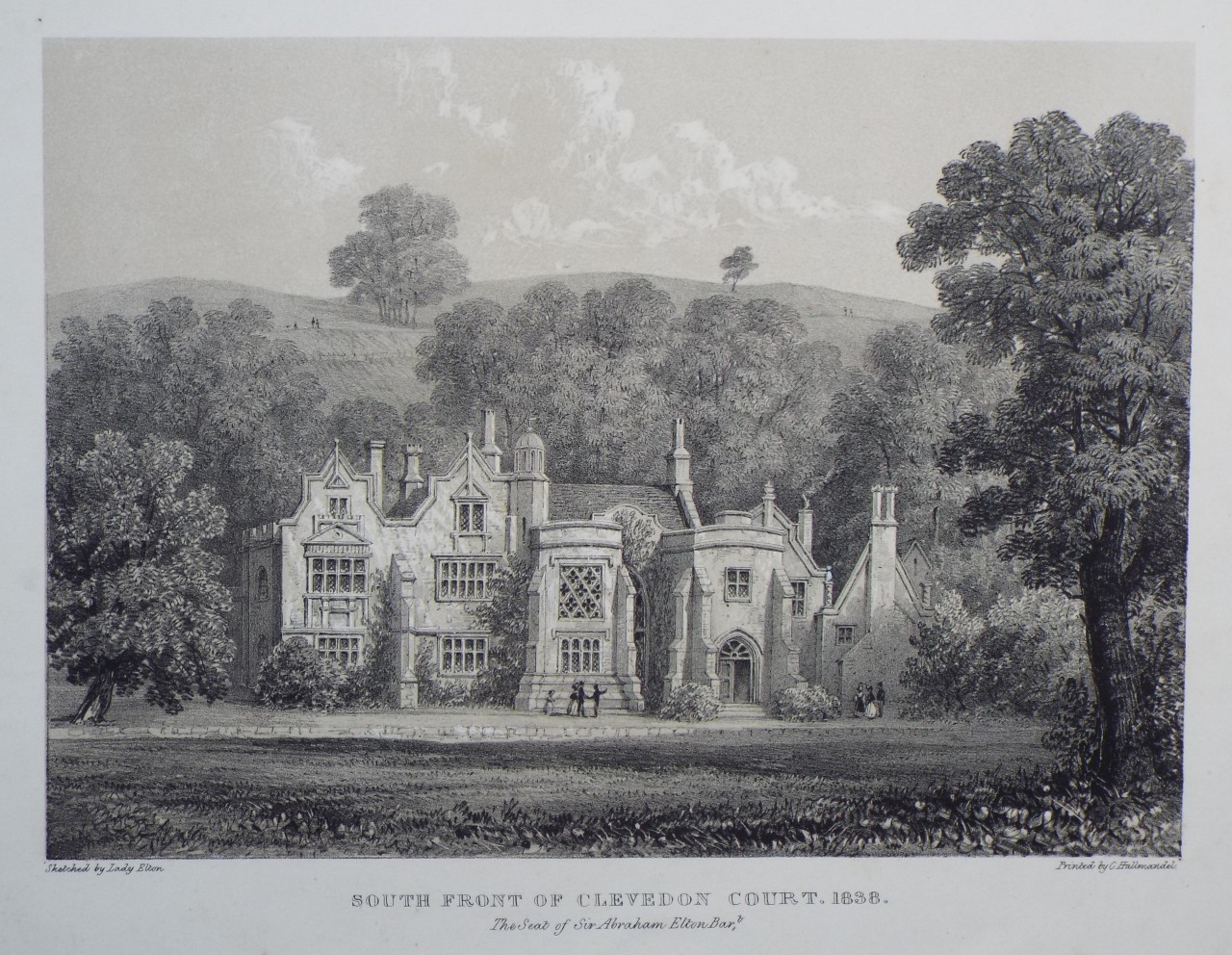 Lithograph - South Front of Clevedon Court. The Seat of Sir Abraham Elton Bart.