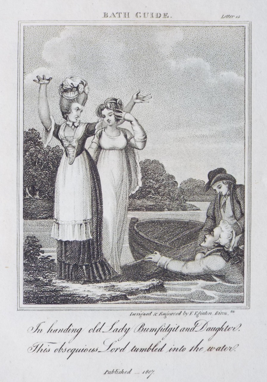 Stipple - Bath Guide. Letter 13. In handing old Lady Bumfidgit and Daughter.This obsequious Lord tumbled into the water. - Eginton