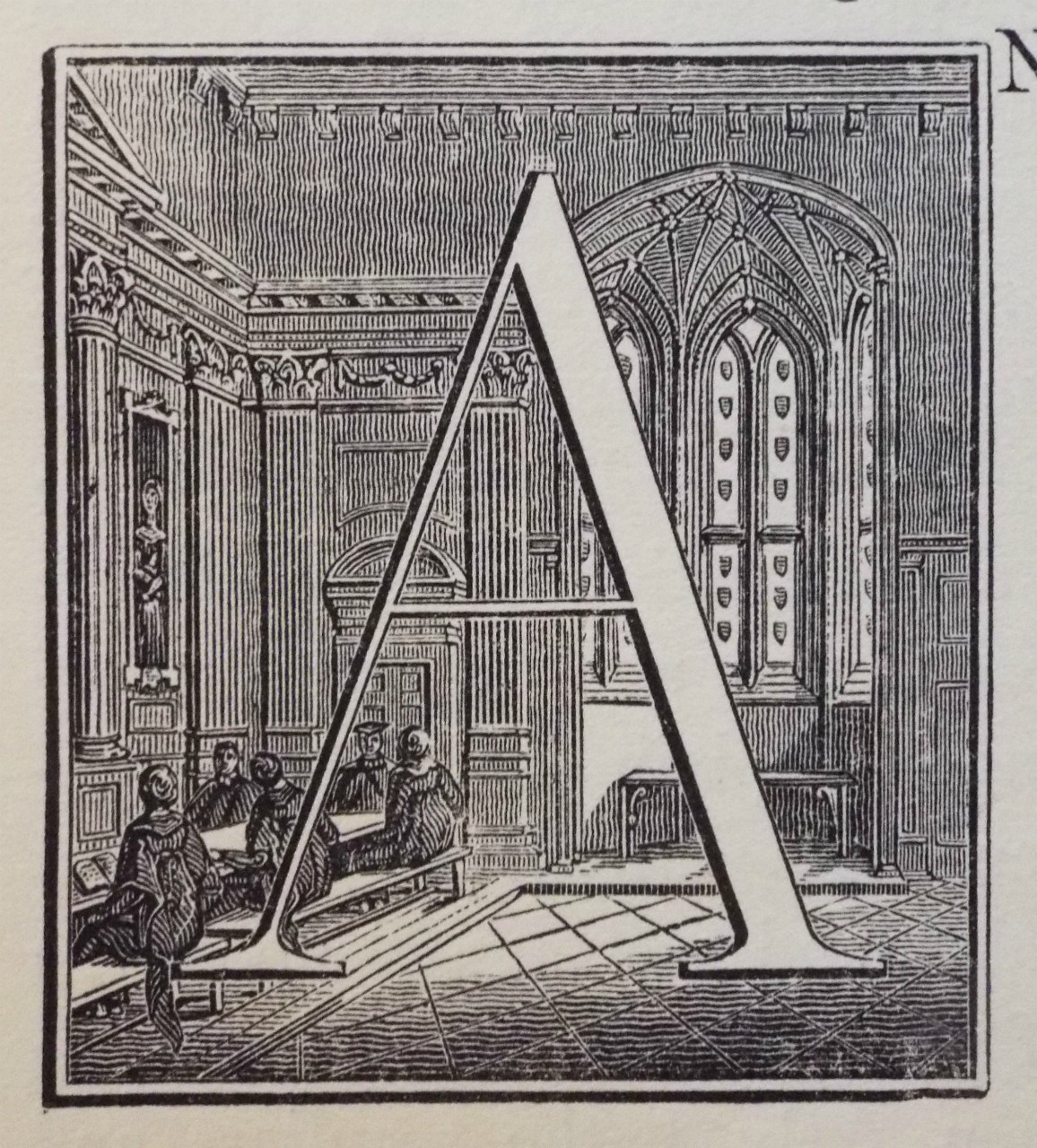 Wood - Interior of the Hall, Queens' College (initial letter)