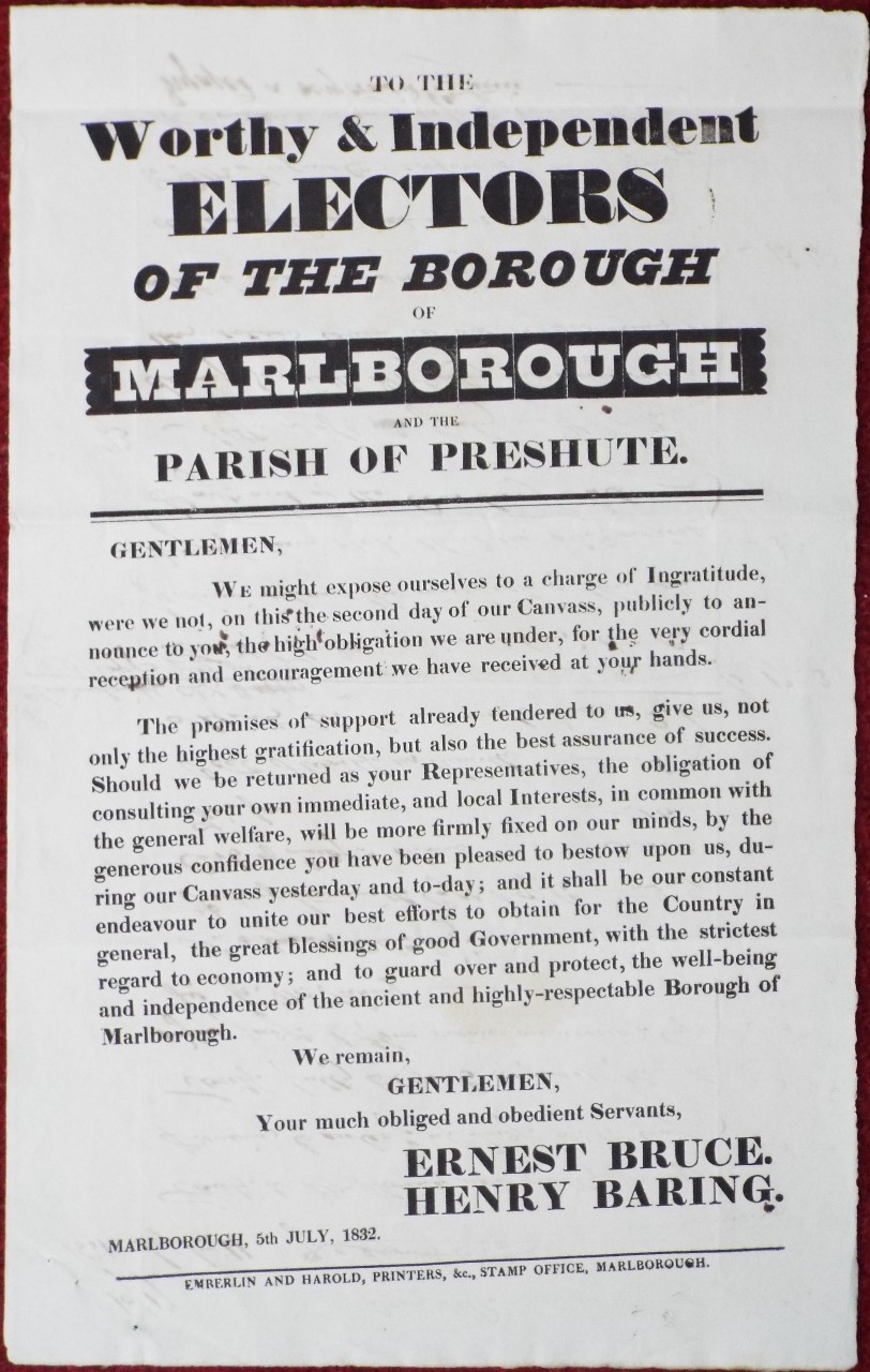 Letterpress - Worthy & Independent Electors of the Borough of Marlborough and the Parish of Preshute.