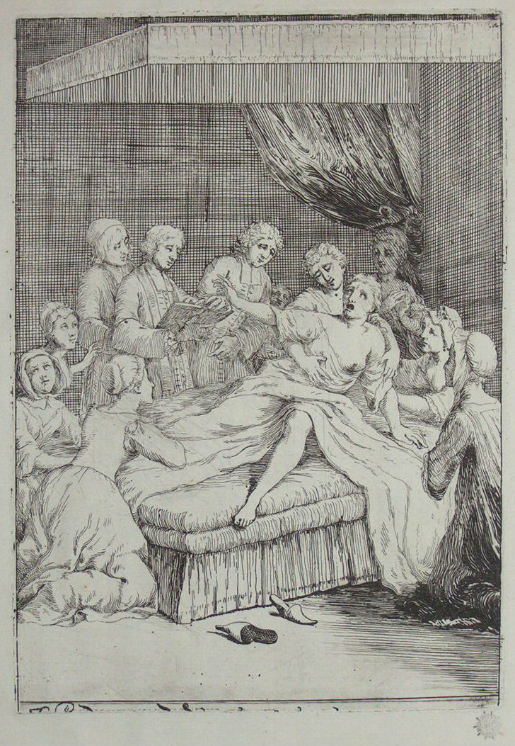 Etching - (Erotic) Woman in bed surrounded by many