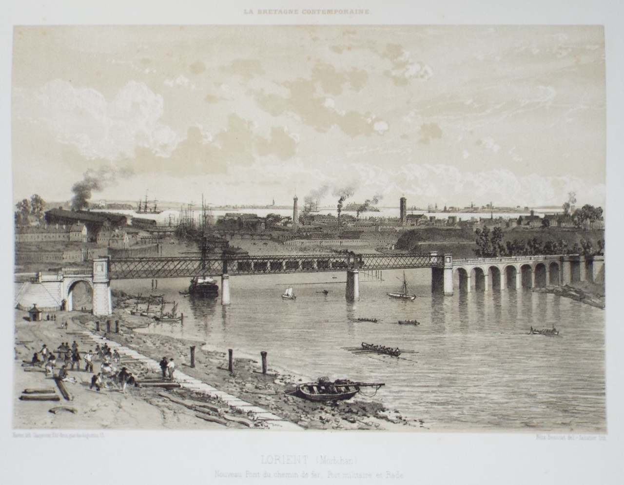 Lithograph - Lorient. (Morbihan) Nouveau Pont du chemin de fer, Port militaire et Rade - 