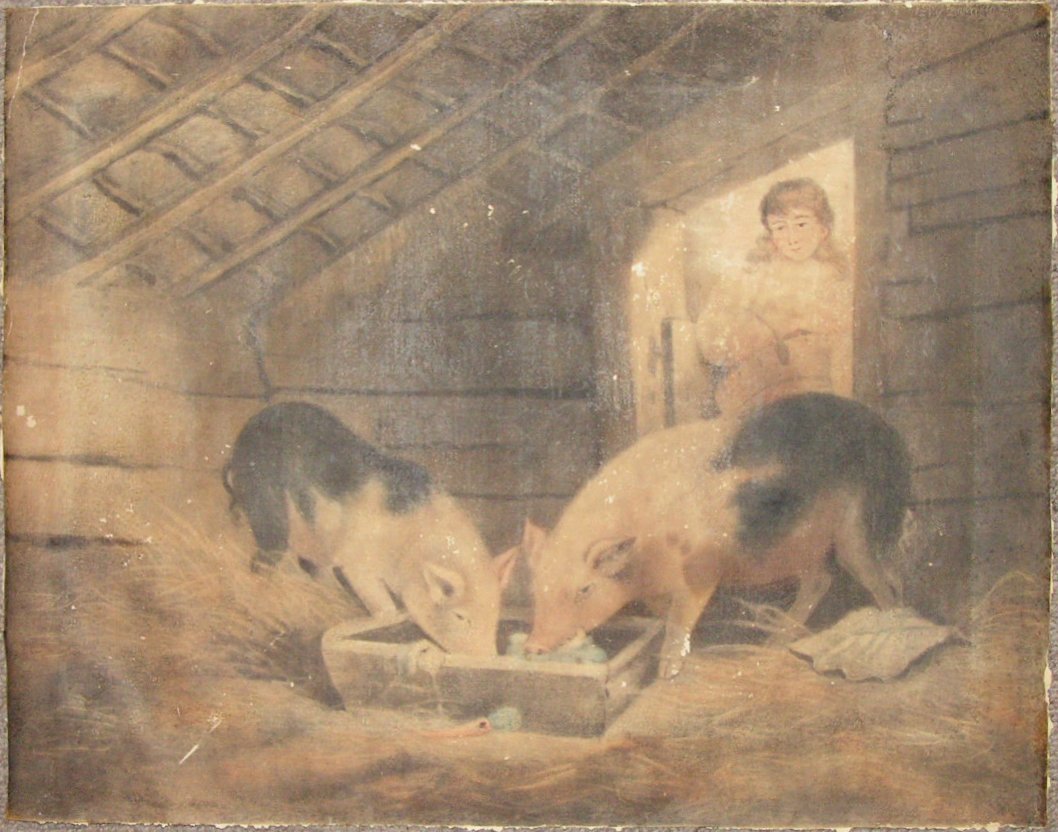 Mezzotint - Girl and Pigs