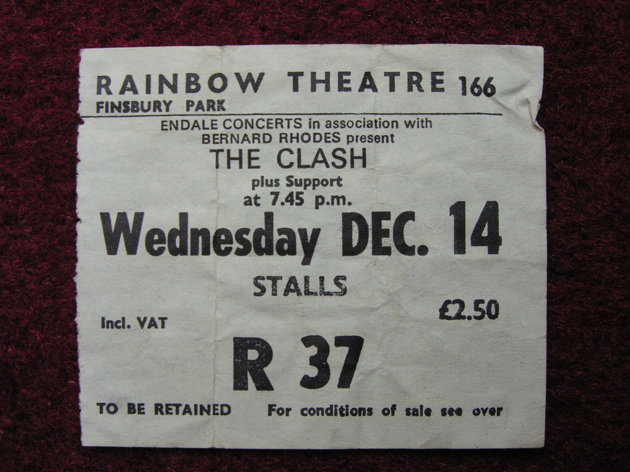 Ticket Stub - The Clash Rainbow Theatre Wed Dec 14 77