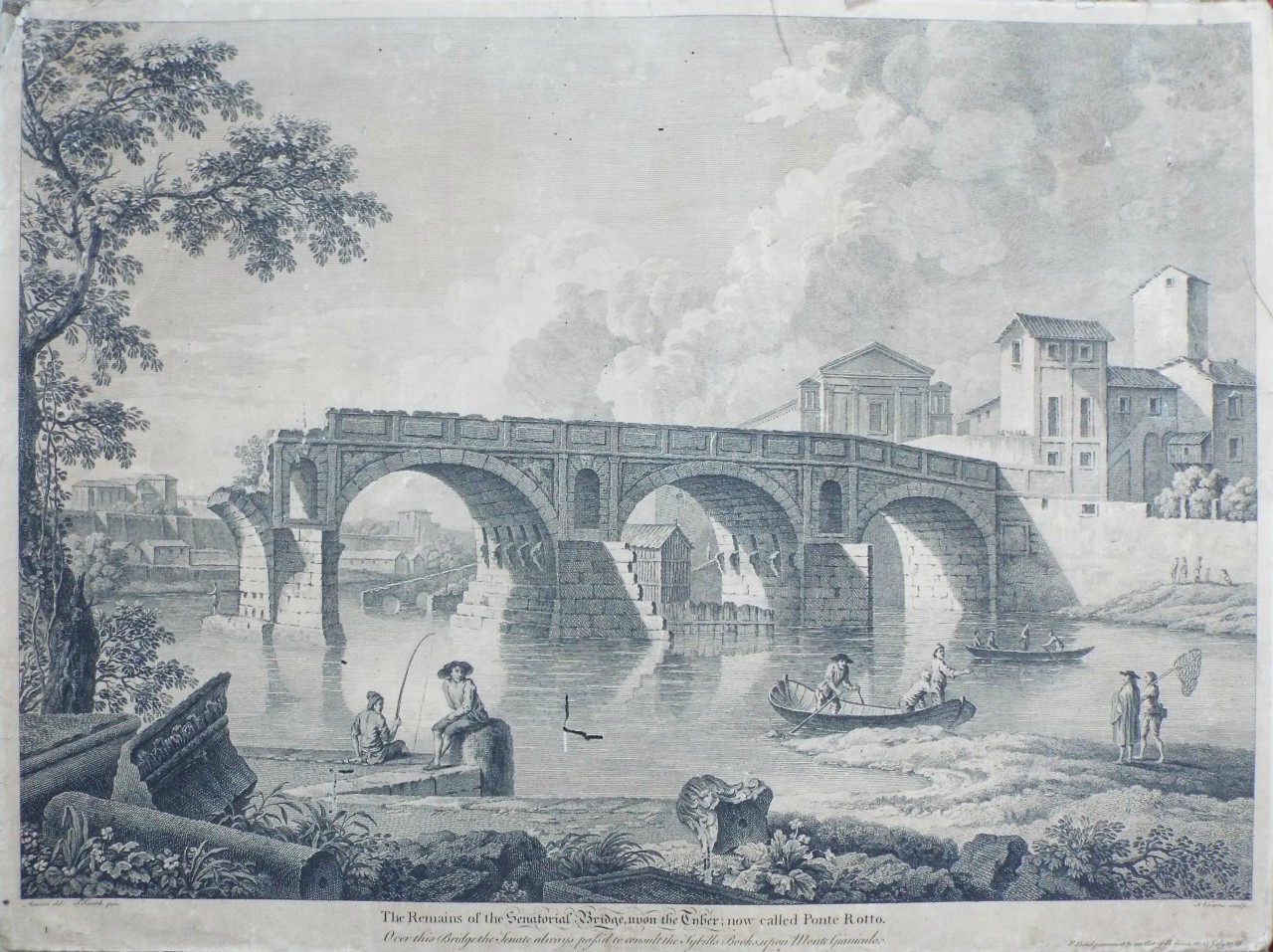 Print - The Remains of the Senatorial Bridge, upon the Tiber; now called Ponte Rotto.
Over this Bridge the Seanate always pass'd to consult the Sybills Books, upon Monte Gianiculo. - Vivares