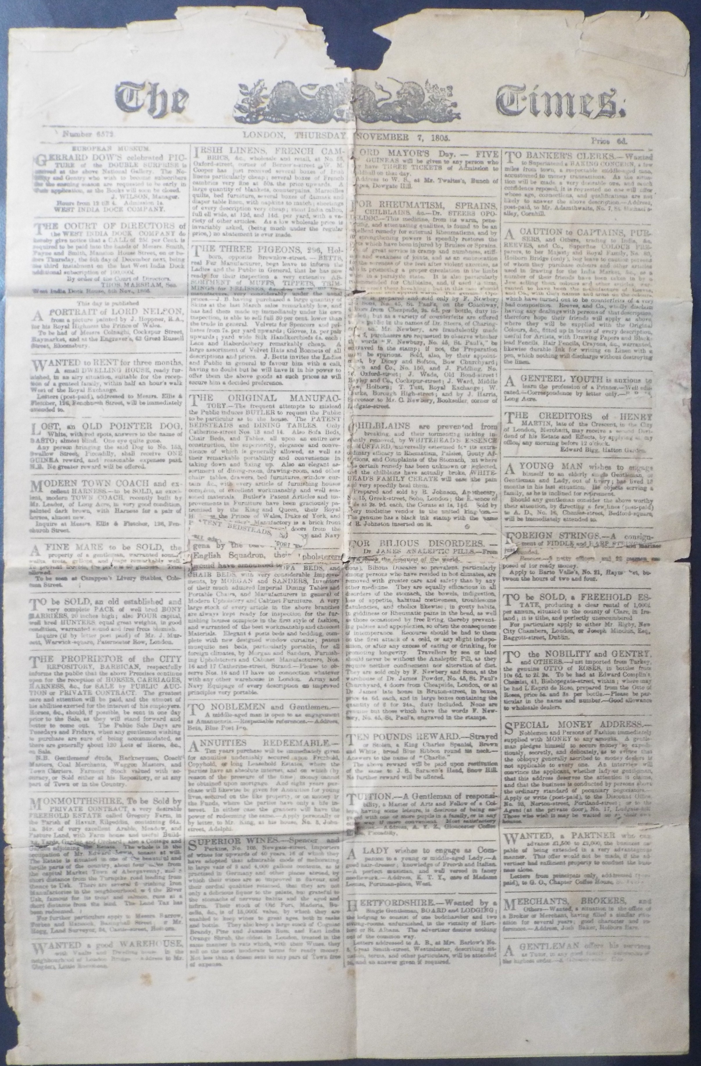 Letterpress - The Times. Thursday, November 7 1805. Containing report of the Battle of Trafalgar.
