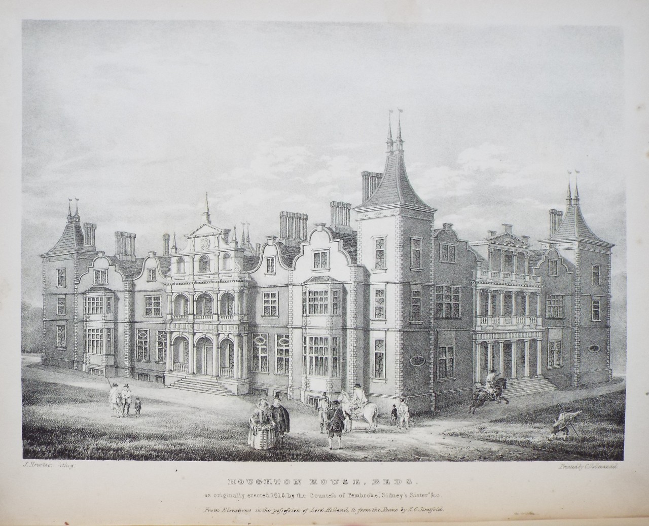 Lithograph - Houghton House, Beds. as originally erectected 1616 by the Countess of Pembroke, 