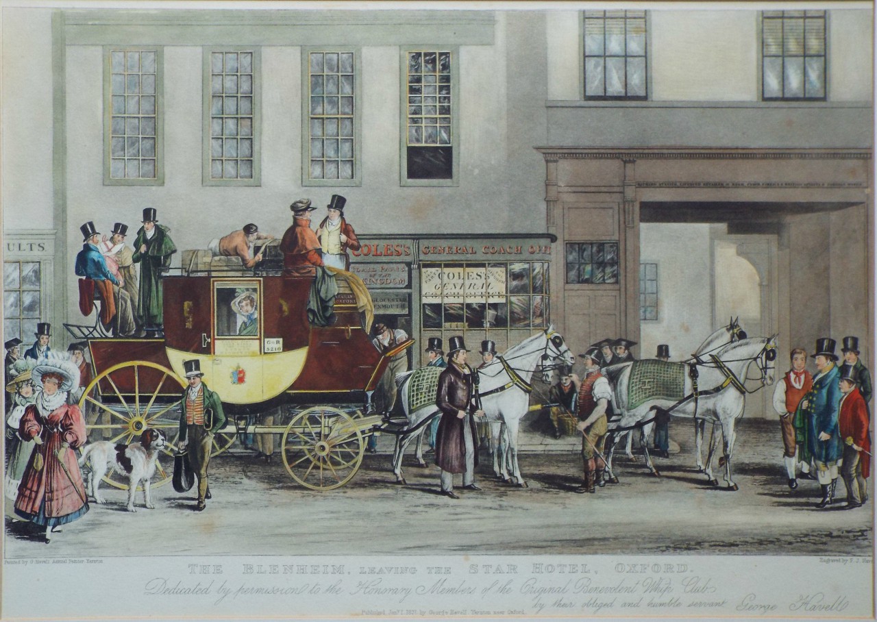 Aquatint - The Blenheim, leaving the Star Hotel, Oxford. - Havell