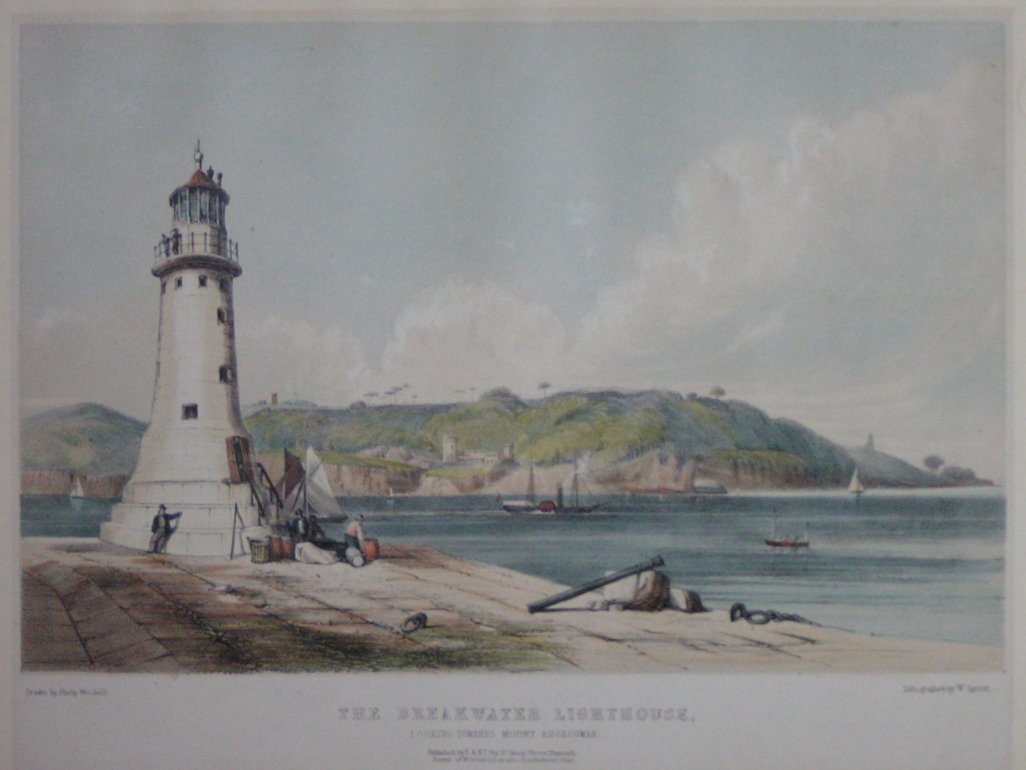 Lithograph - The Breakwater Lighthouse, Looking Towards Mount Edgecumbe - Spreat