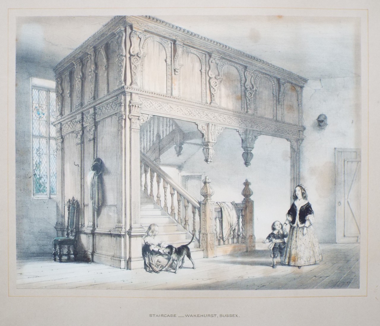 Lithograph - Staircase - Wakehurst, Sussex. - Nash