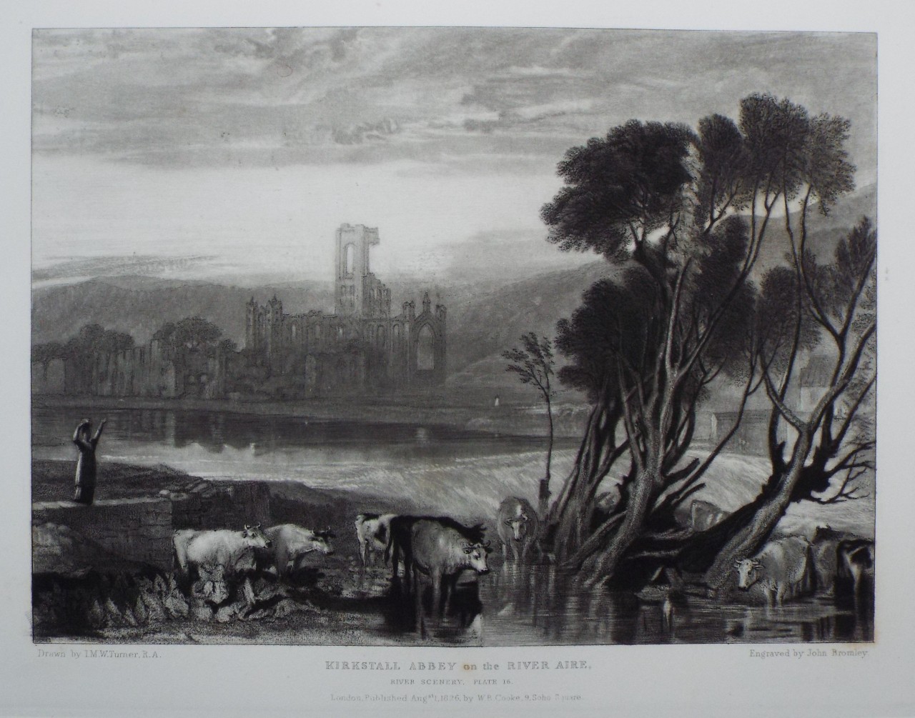 Mezzotint - Kirkstall Abbey, on the River Aire. - Bromley