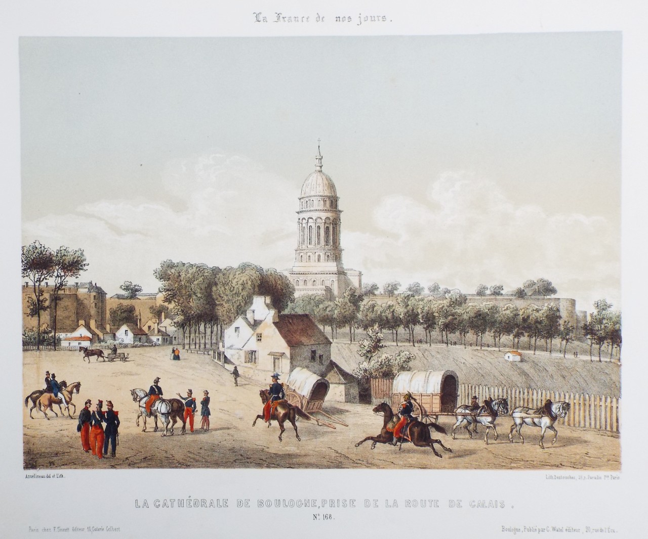 Lithograph - La Cathédrale de Boulogne, Prise de la Route de Calais. - 
