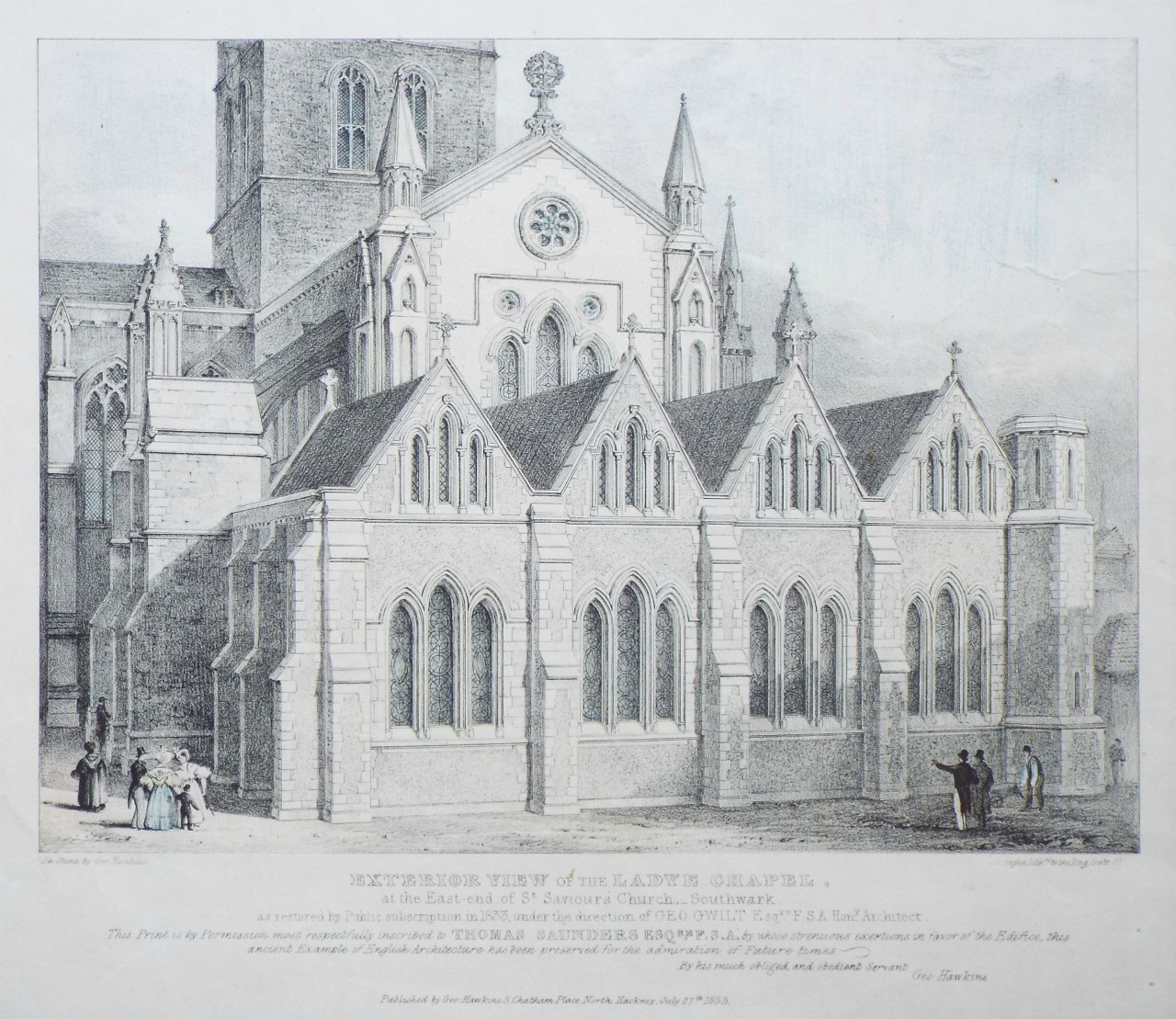 Lithograph - Exterior View of the Ladye Chapel, at the East end of St. Saviour's Church, Southwark, as restored by Public subscription in 1833, under the direction of Geo Gwilt Esqre F.S.A. Hony. Architect. - Hawkins