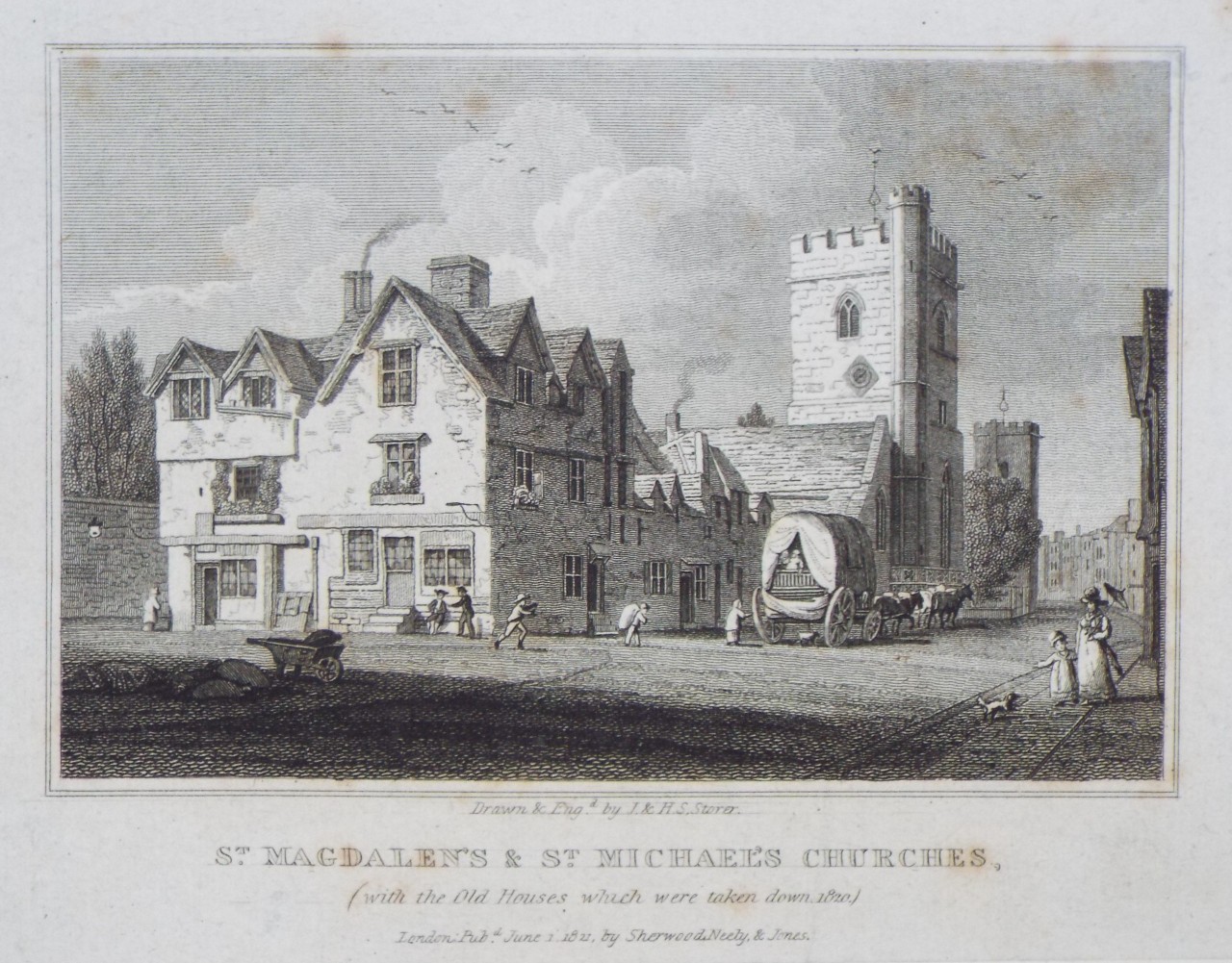 Print - St. Magdalen's & St. Michael's Churches, (with the Old Houses that were taken down, 1810) - Storer