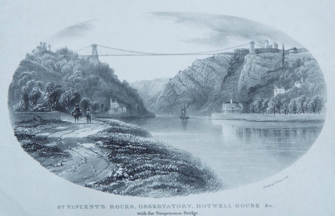 Lithograph - St. Vincent's Rocks, Observatory, Hotwell House &c. with the Suspension Bridge.