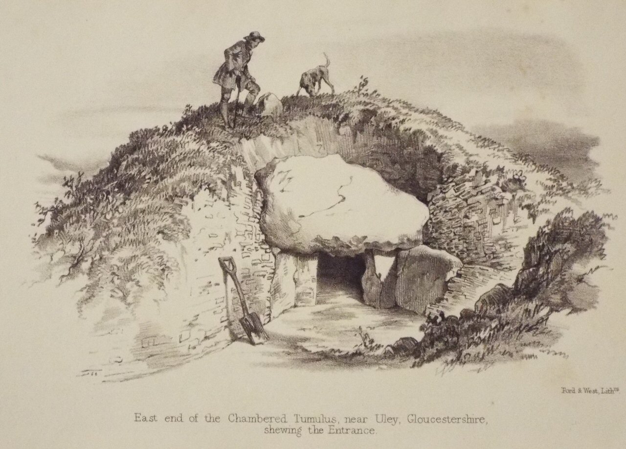 Lithograph - East end of the Chambered Tumulus, near Uley, Gloucestershire, shewing the Entrance.