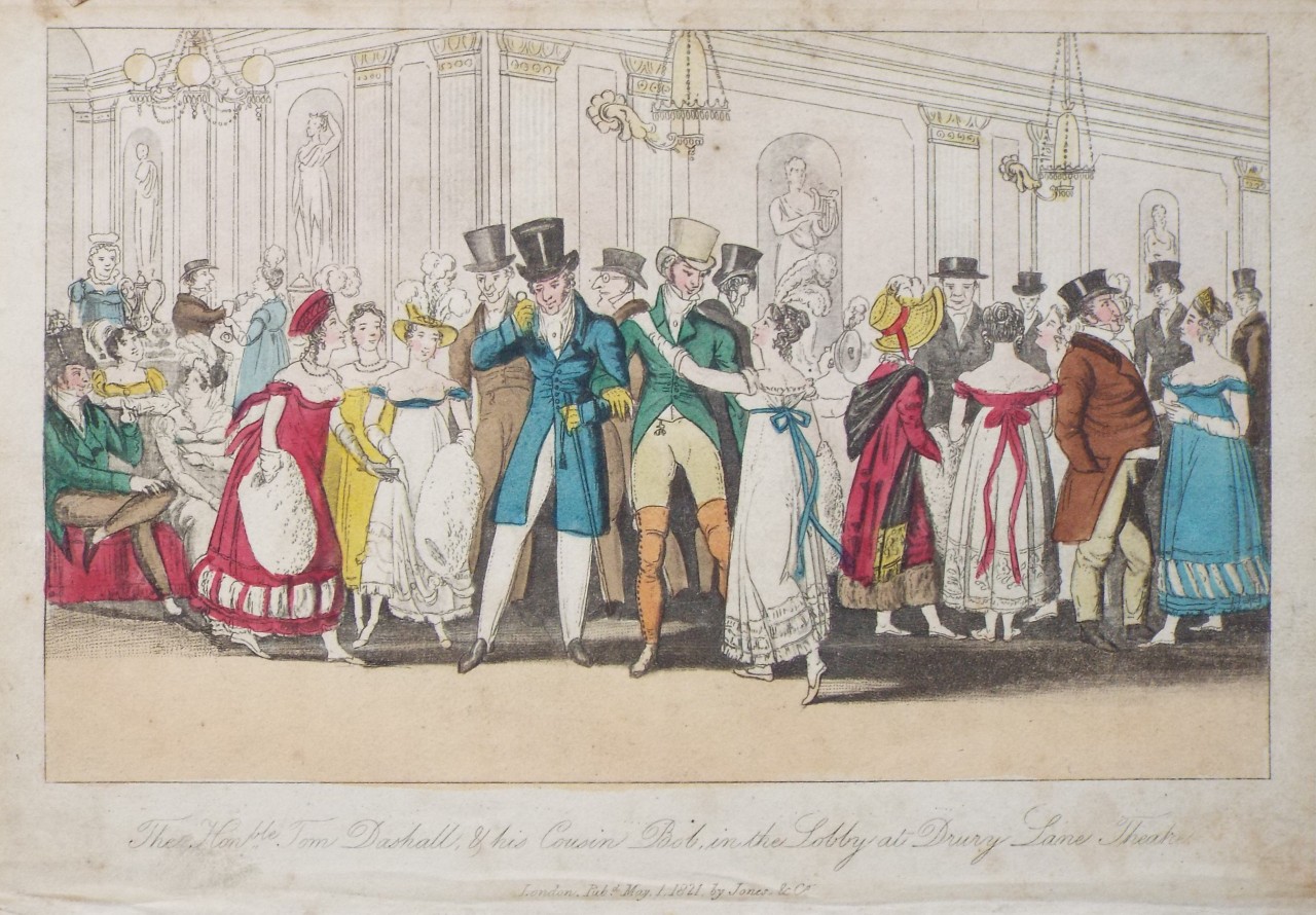 Aquatint - The Honble. Tom Dashall, & his Cousin Bob, in the Lobby at Drury Lane Theatre.