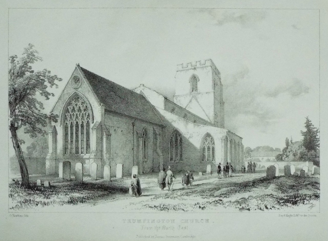 Lithograph - Trumpington Church. From the North East. - Hawkins