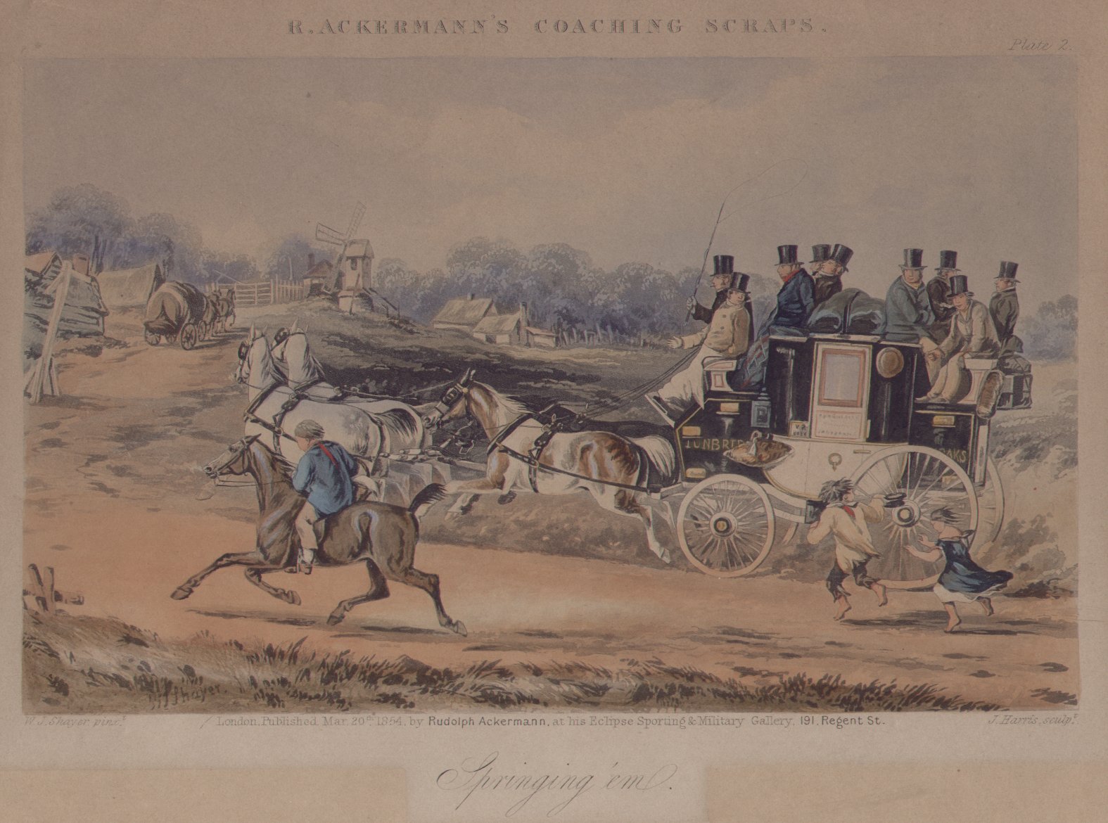 Aquatint - R. Ackermann's Coaching Scraps. Plate 2. Springing 'em. - Harris