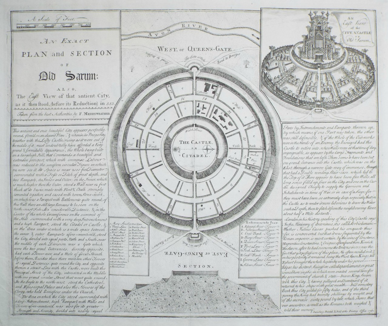 Print - An Exact Plan and Section of Old Sarum: also, The East View of that antient City, as it then stood, (before its Reduction) in 553. - Merryweather