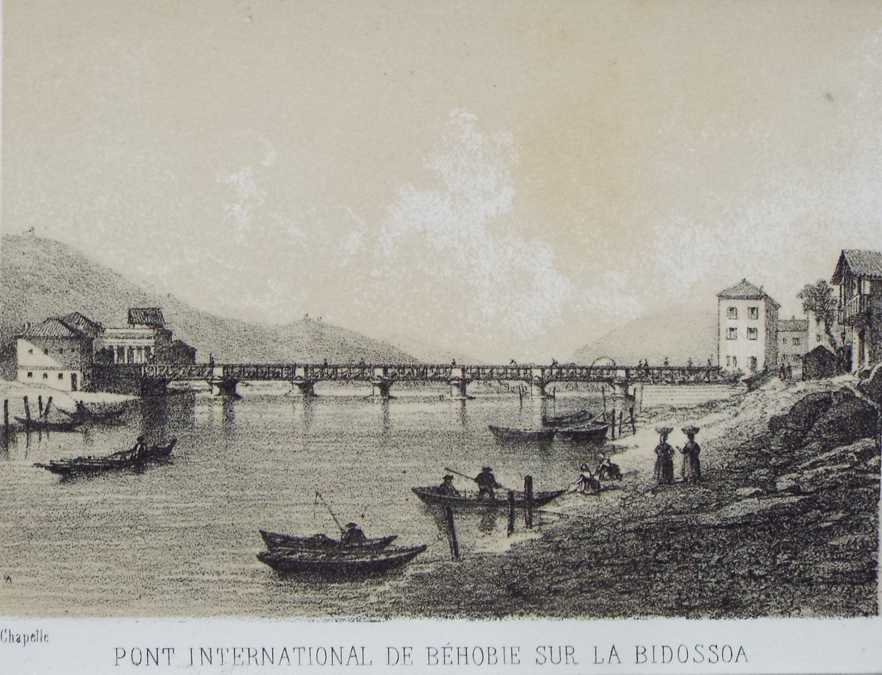 Lithograph - Pont International de Behobie sur la Bidossoa