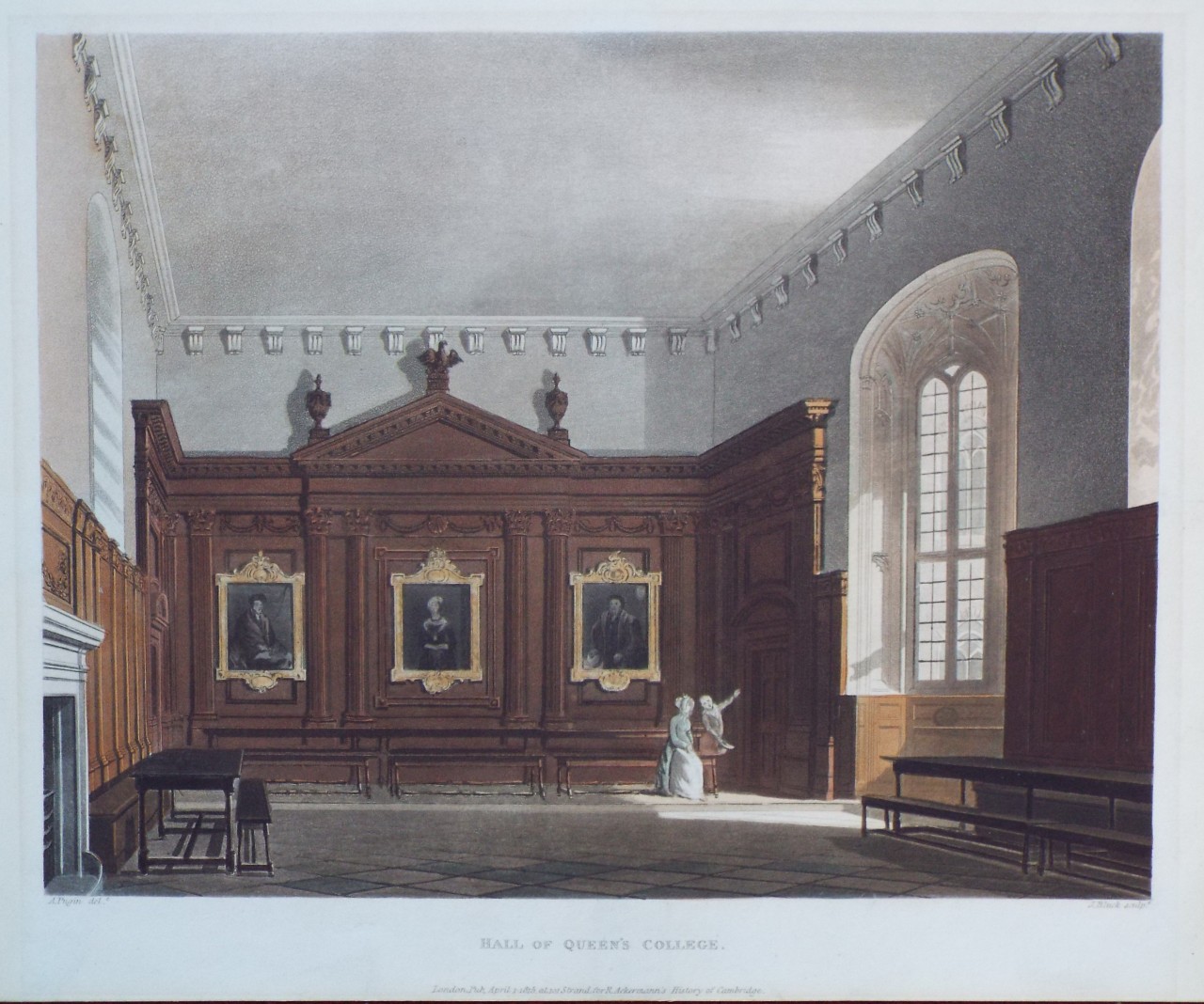 Aquatint - Hall of Queen's College. - Bluck