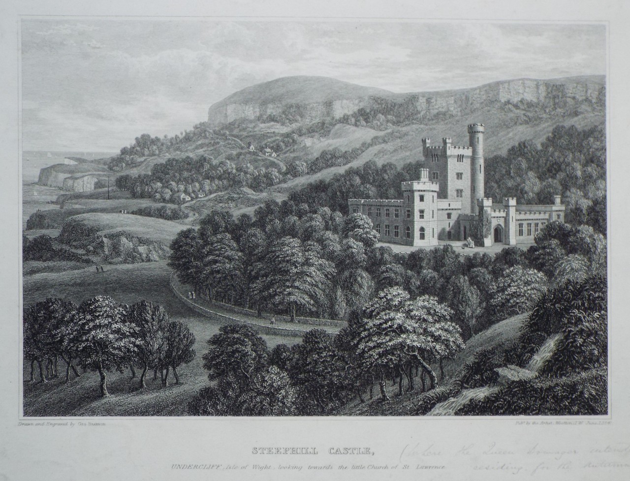 Print - Steephill Castle, Undercliff, Isle of Wight, looking towards the little Church of St. Lawrence. - Brannon