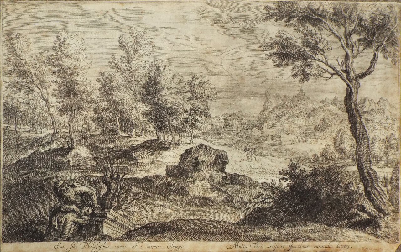 Etching - Sat sibi philosophus comes est intentus Olÿmpo Multa dei artificis speculans miracula dextre